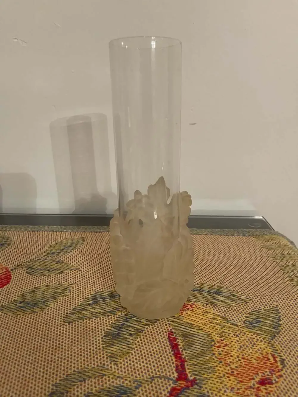Vintage Frosted Glass Bud Vase with Applied Leaf Motif Base